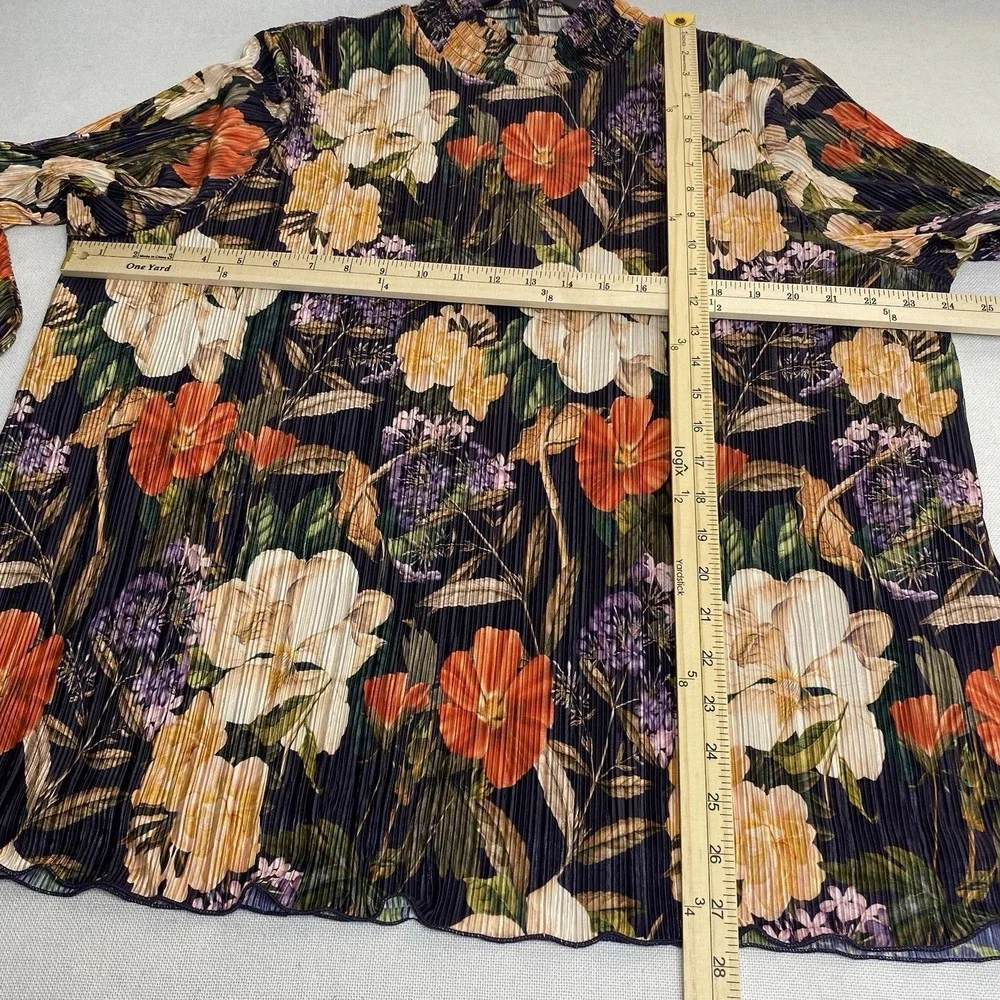Chico's Womens 4 XXL Dark Purple Floral Pleated Blouse Long Sleeve Mock Neck Top - Picture 11 of 16